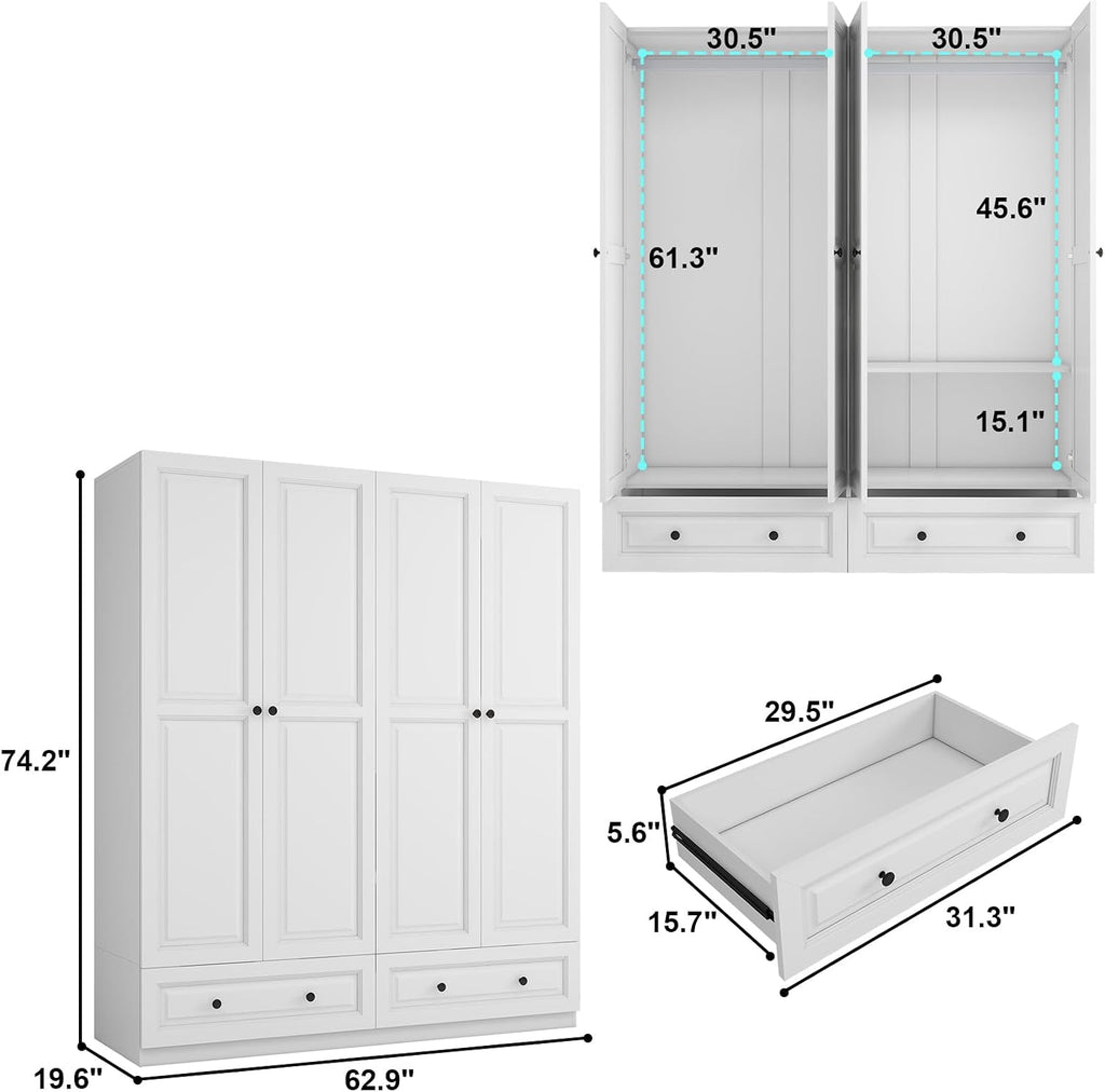 Armoire Wardrobe Closet with Drawers: 74" White Wardrobe Closet with 4 Doors, Bedroom Armoires with 2 Drawers, Wood Closets Cabinet for Hanging Clothes (White, 63")