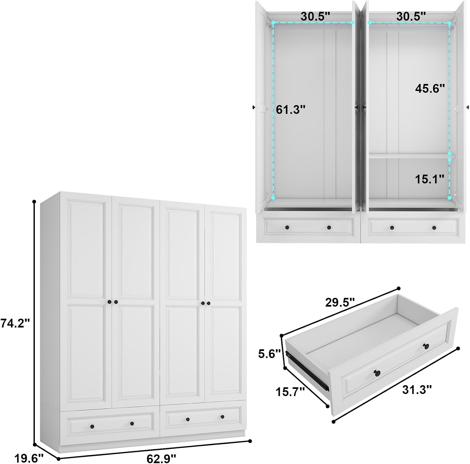 Armoire Wardrobe Closet with Drawers: 74" White Wardrobe Closet with 4 Doors, Bedroom Armoires with 2 Drawers, Wood Closets Cabinet for Hanging Clothes (White, 63")