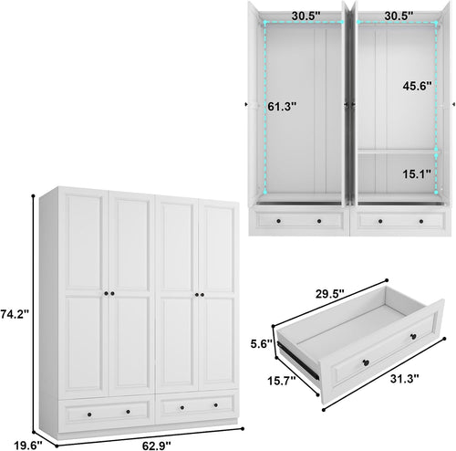 Armoire Wardrobe Closet with Drawers: 74" White Wardrobe Closet with 4 Doors, Bedroom Armoires with 2 Drawers, Wood Closets Cabinet for Hanging Clothes (White, 63")