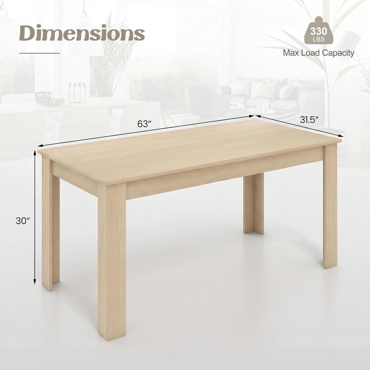 Dining Table for 4-6, 63" L Large Farmhouse Kitchen Table, Wooden Rectangular Dinner Table for Living Dining Room, Home Office, Dinette, 330LBS Capacity, Natural