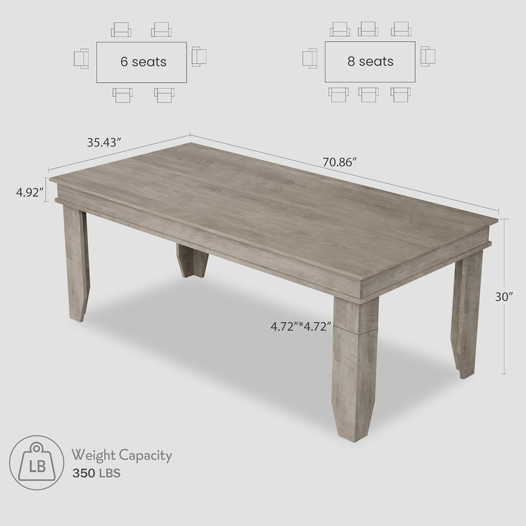 Farmhouse Dining Table for 6-8 People, 71 in Long Kitchen Tables with Wooden Sturdy Frame, 6 ft Large Rectangular Dinner Table for Dining Room, Kitchen, Grey, 71" Non-extendable