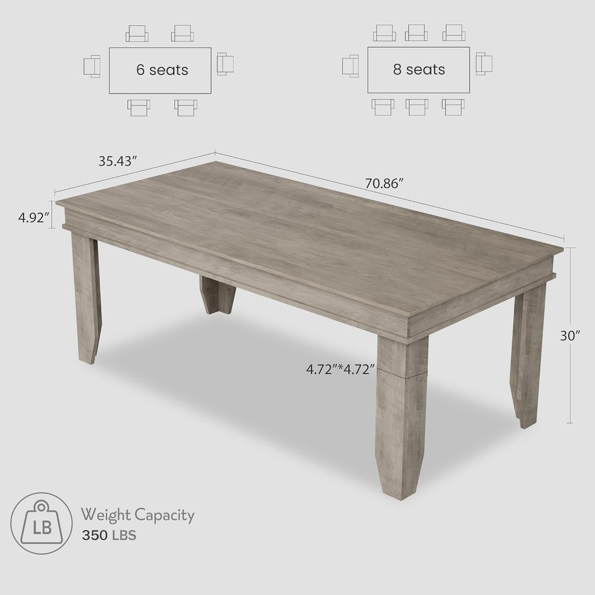 Farmhouse Dining Table for 6-8 People, 71 in Long Kitchen Tables with Wooden Sturdy Frame, 6 ft Large Rectangular Dinner Table for Dining Room, Kitchen, Grey, 71" Non-extendable