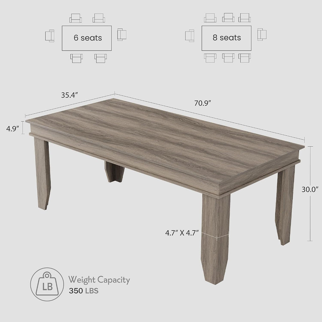 Farmhouse Dining Table for 6-8 People, 71 in Long Kitchen Tables with Wooden Sturdy Frame, 6 ft Large Rectangular Dinner Table for Dining Room, Kitchen, Grey Walnut, 71" Non-extendable