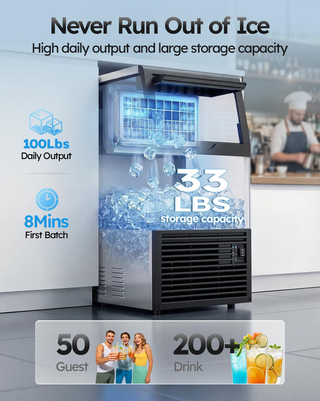 Commercial Ice Maker Machine, 100lbs/24H with 33lbs Ice Storage Under Counter Ice Machine, Stainless Steel Built-in Freestanding Ice Maker Self-Cleaning for Home Bar
