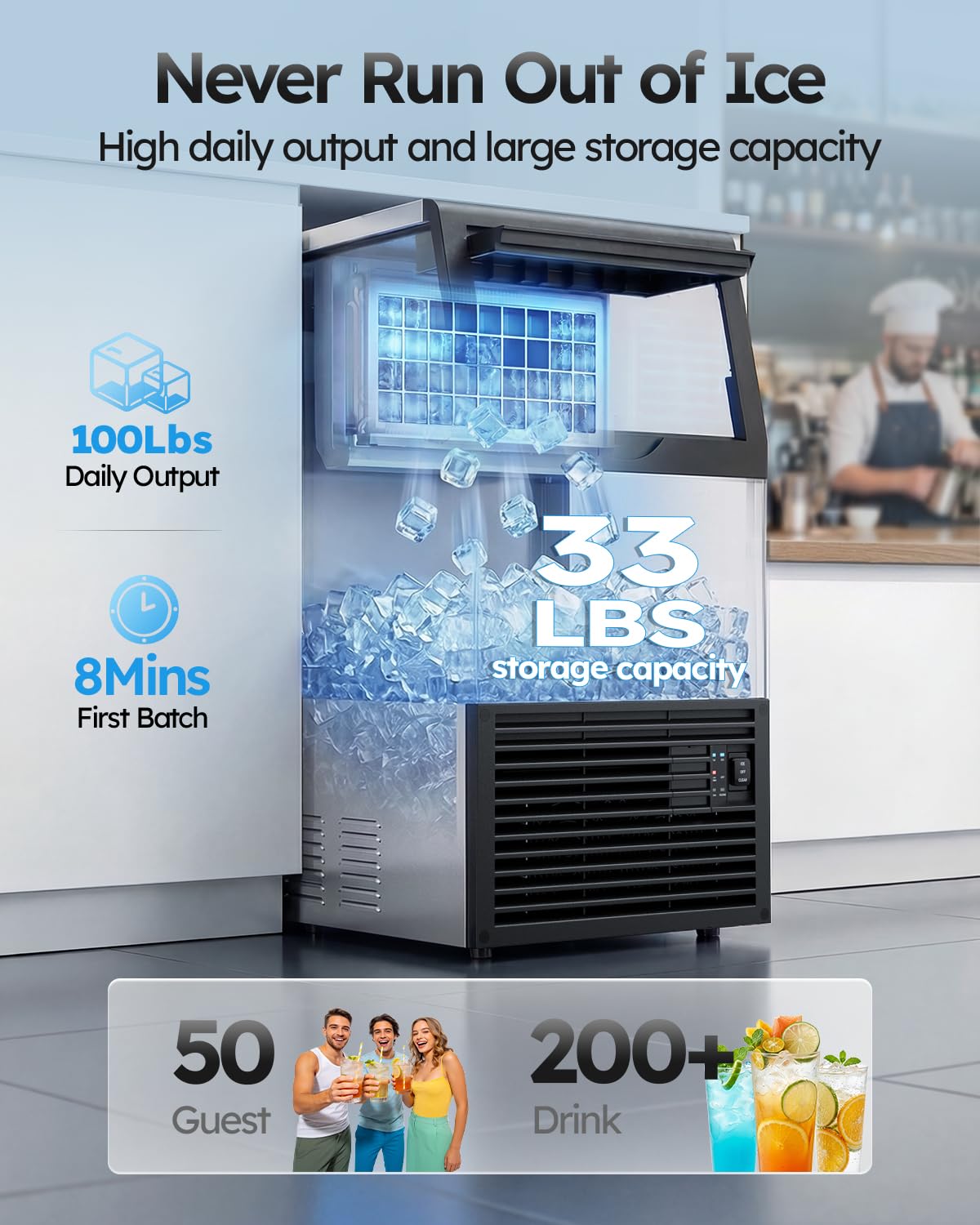 Commercial Ice Maker Machine, 100lbs/24H with 33lbs Ice Storage Under Counter Ice Machine, Stainless Steel Built-in Freestanding Ice Maker Self-Cleaning for Home Bar