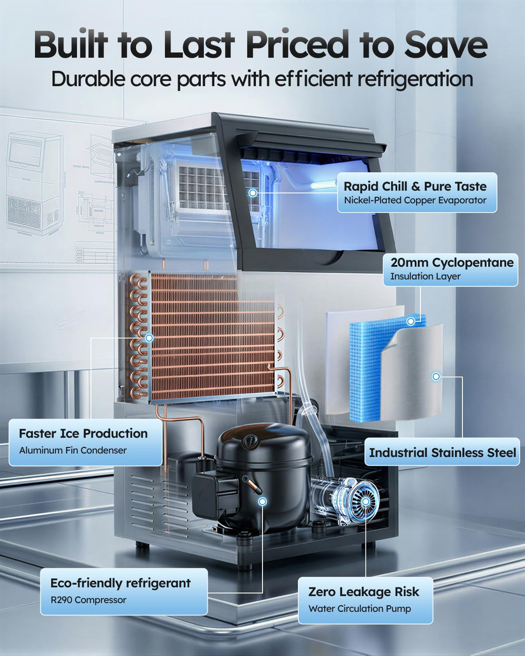 Commercial Ice Maker Machine, 100lbs/24H with 33lbs Ice Storage Under Counter Ice Machine, Stainless Steel Built-in Freestanding Ice Maker Self-Cleaning for Home Bar