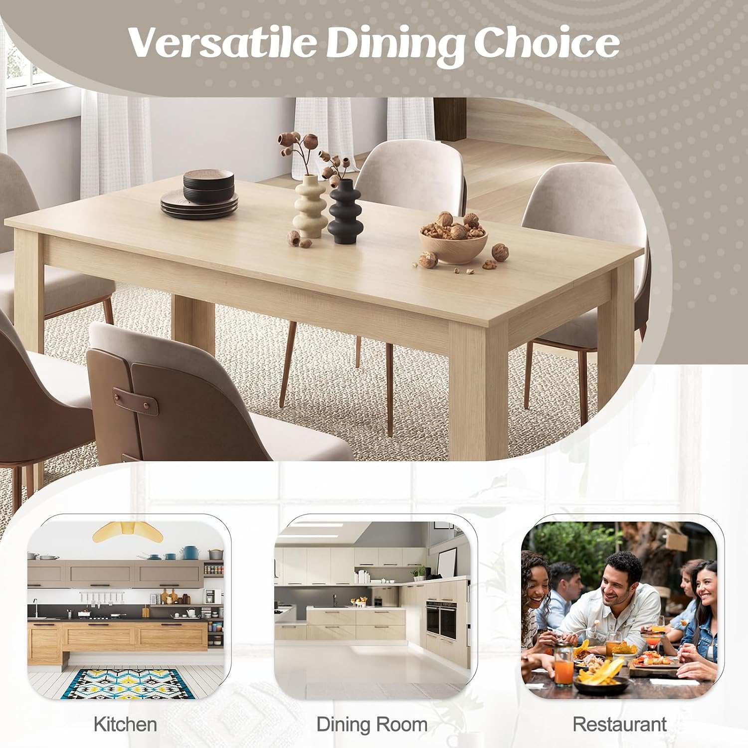 Dining Table for 4-6, 63" L Large Farmhouse Kitchen Table, Wooden Rectangular Dinner Table for Living Dining Room, Home Office, Dinette, 330LBS Capacity, Natural
