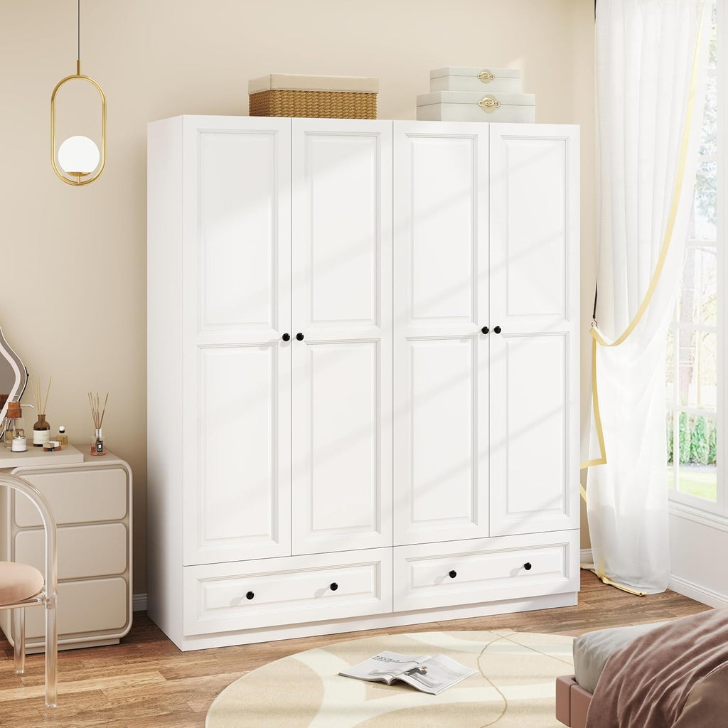 Armoire Wardrobe Closet with Drawers: 74" White Wardrobe Closet with 4 Doors, Bedroom Armoires with 2 Drawers, Wood Closets Cabinet for Hanging Clothes (White, 63")