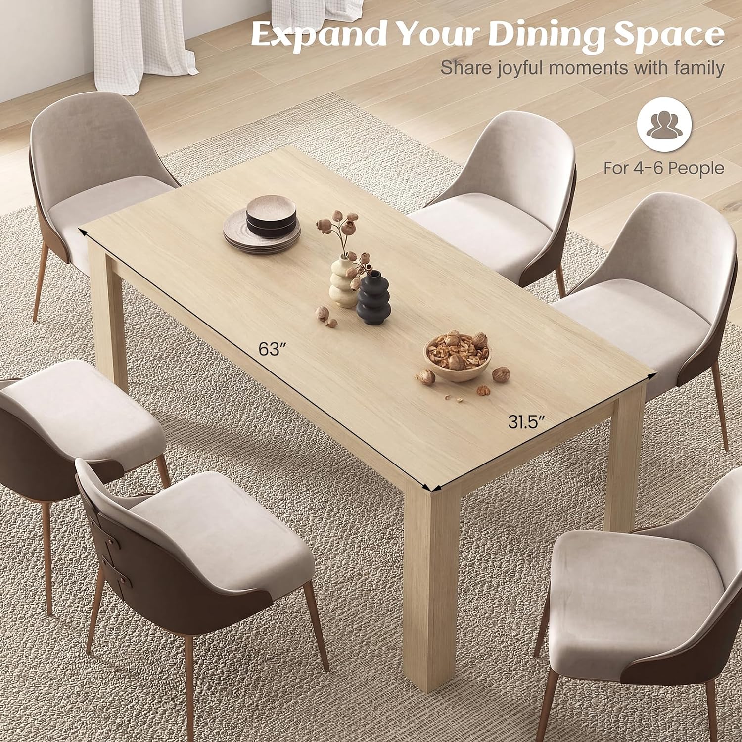 Dining Table for 4-6, 63" L Large Farmhouse Kitchen Table, Wooden Rectangular Dinner Table for Living Dining Room, Home Office, Dinette, 330LBS Capacity, Natural