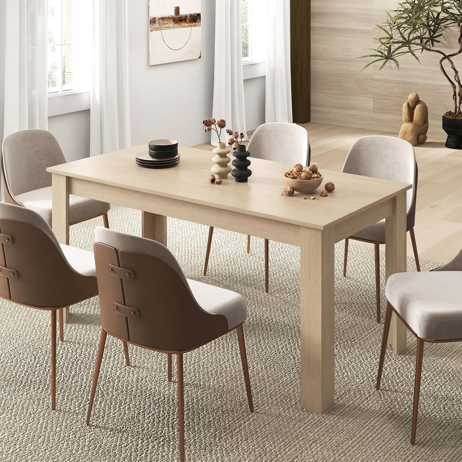 Dining Table for 4-6, 63" L Large Farmhouse Kitchen Table, Wooden Rectangular Dinner Table for Living Dining Room, Home Office, Dinette, 330LBS Capacity, Natural