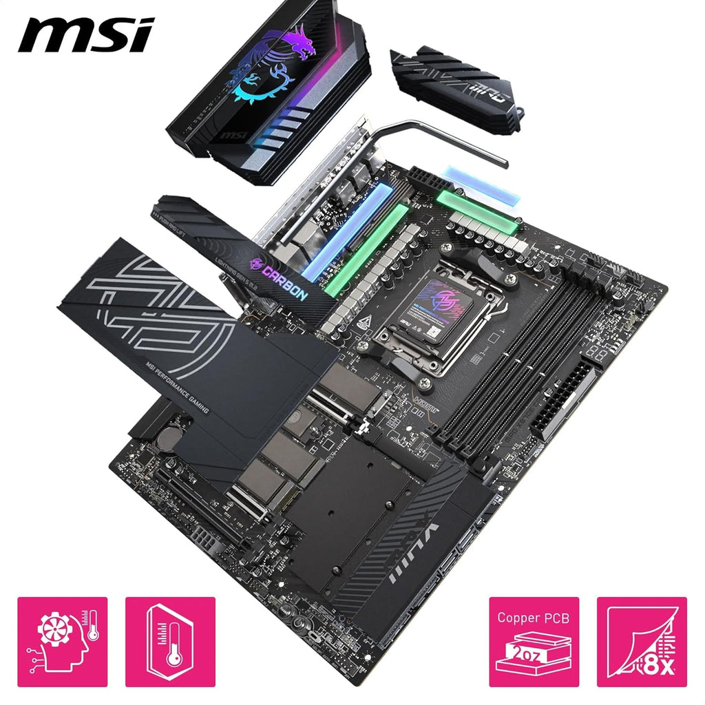 MSI MPG X870E Carbon MAX WiFi Motherboard, ATX - Supports AMD Ryzen 9000/8000 / 7000 Processors, AM5-64MB BIOS ROM, 110A SPS VRM, DDR5 Memory Boost 8400+MT/s (OC), PCIe 5.0 x16, M.2 Gen5