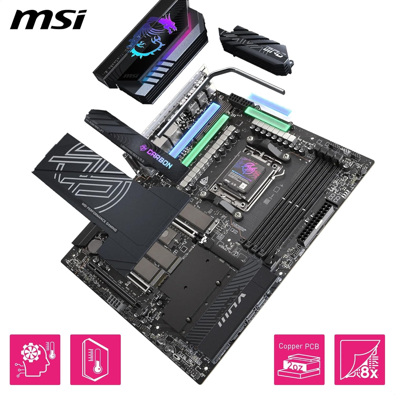 MSI MPG X870E Carbon MAX WiFi Motherboard, ATX - Supports AMD Ryzen 9000/8000 / 7000 Processors, AM5-64MB BIOS ROM, 110A SPS VRM, DDR5 Memory Boost 8400+MT/s (OC), PCIe 5.0 x16, M.2 Gen5