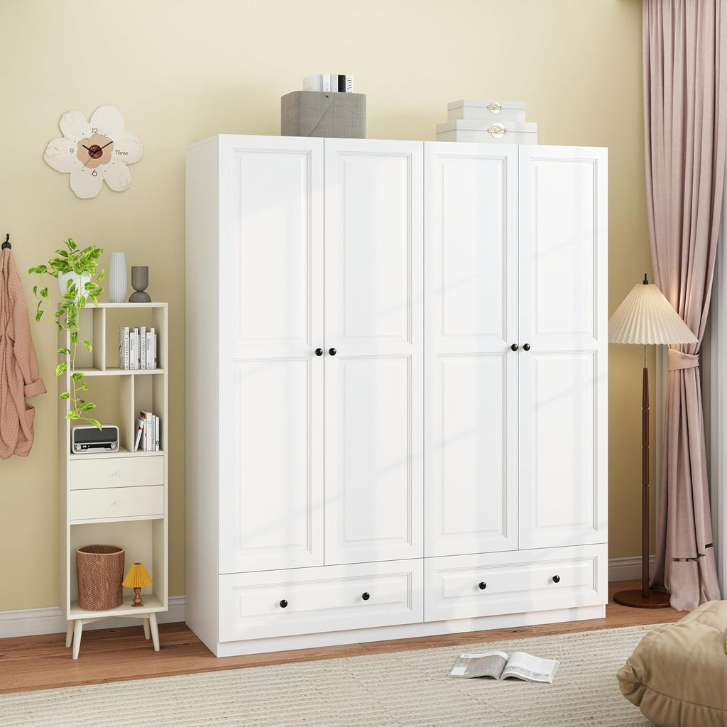 Armoire Wardrobe Closet with Drawers: 74" White Wardrobe Closet with 4 Doors, Bedroom Armoires with 2 Drawers, Wood Closets Cabinet for Hanging Clothes (White, 63")