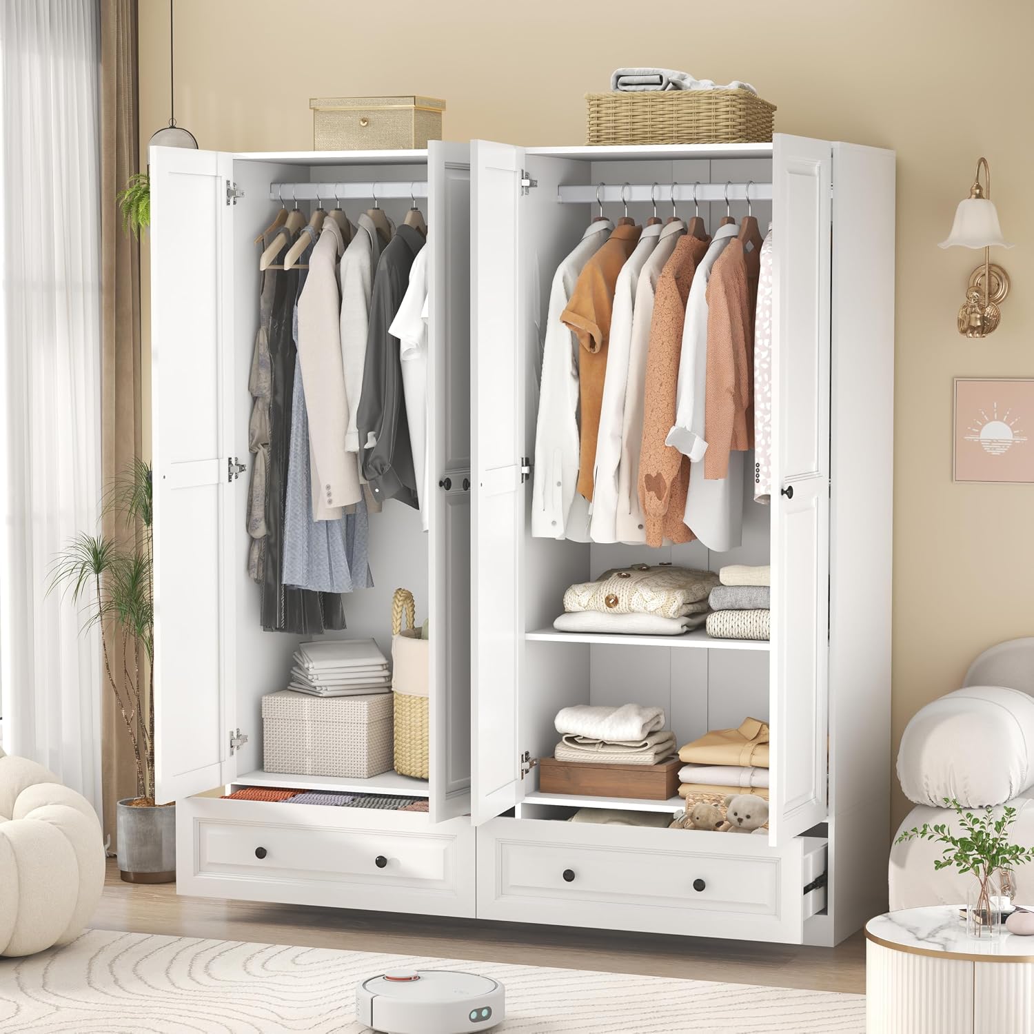 Armoire Wardrobe Closet with Drawers: 74" White Wardrobe Closet with 4 Doors, Bedroom Armoires with 2 Drawers, Wood Closets Cabinet for Hanging Clothes (White, 63")
