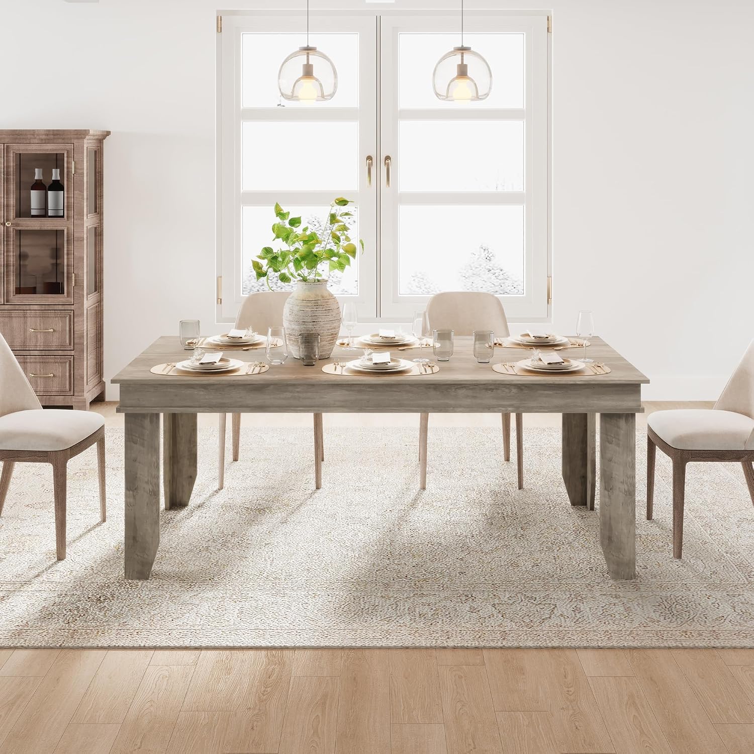 Farmhouse Dining Table for 6-8 People, 71 in Long Kitchen Tables with Wooden Sturdy Frame, 6 ft Large Rectangular Dinner Table for Dining Room, Kitchen, Grey, 71" Non-extendable