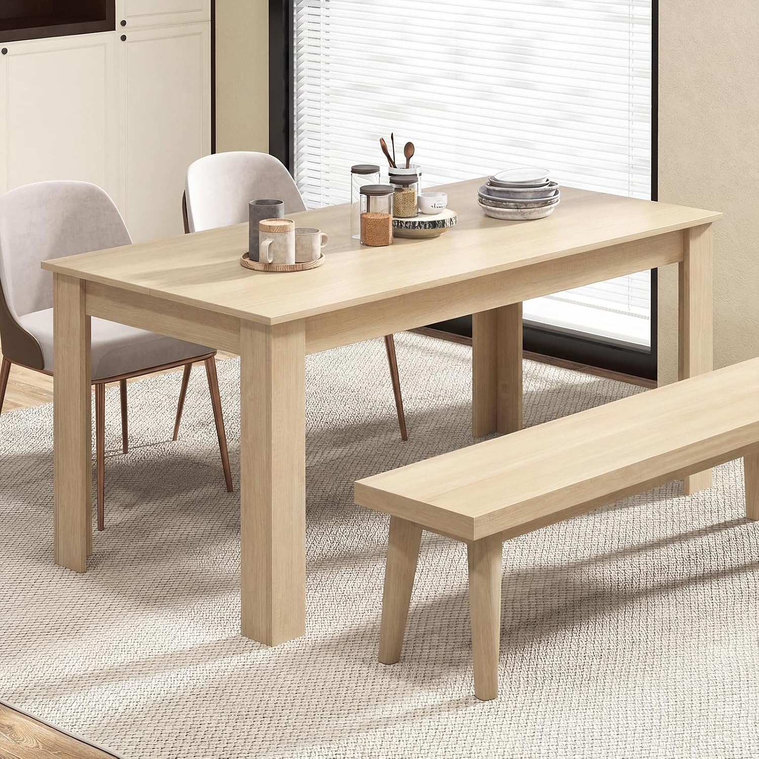 Dining Table for 4-6, 63" L Large Farmhouse Kitchen Table, Wooden Rectangular Dinner Table for Living Dining Room, Home Office, Dinette, 330LBS Capacity, Natural