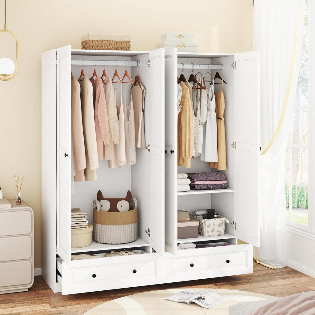 Armoire Wardrobe Closet with Drawers: 74" White Wardrobe Closet with 4 Doors, Bedroom Armoires with 2 Drawers, Wood Closets Cabinet for Hanging Clothes (White, 63")