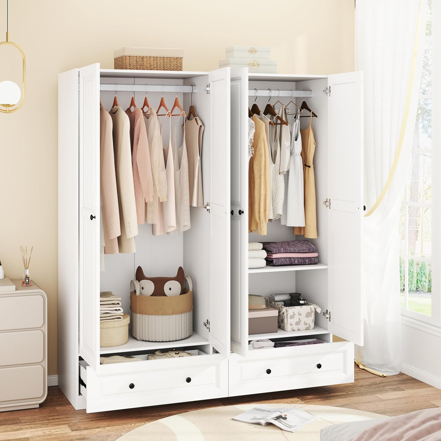 Armoire Wardrobe Closet with Drawers: 74" White Wardrobe Closet with 4 Doors, Bedroom Armoires with 2 Drawers, Wood Closets Cabinet for Hanging Clothes (White, 63")