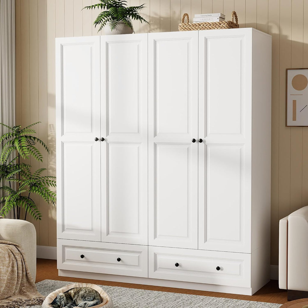 Armoire Wardrobe Closet with Drawers: 74" White Wardrobe Closet with 4 Doors, Bedroom Armoires with 2 Drawers, Wood Closets Cabinet for Hanging Clothes (White, 63")