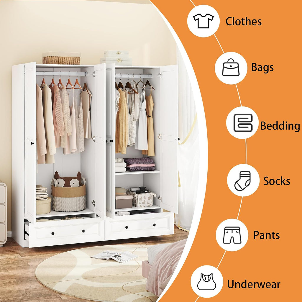 Armoire Wardrobe Closet with Drawers: 74" White Wardrobe Closet with 4 Doors, Bedroom Armoires with 2 Drawers, Wood Closets Cabinet for Hanging Clothes (White, 63")