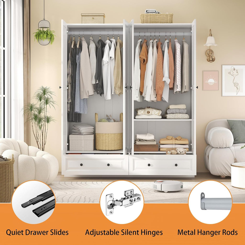 Armoire Wardrobe Closet with Drawers: 74" White Wardrobe Closet with 4 Doors, Bedroom Armoires with 2 Drawers, Wood Closets Cabinet for Hanging Clothes (White, 63")