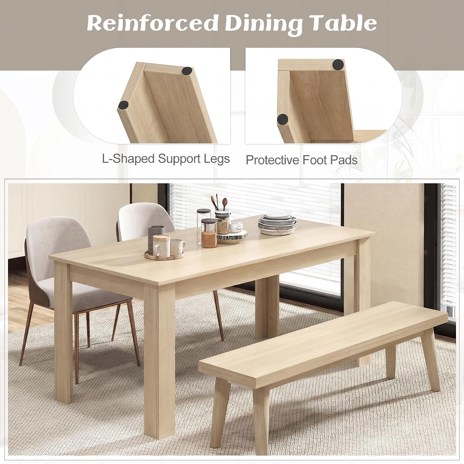 Dining Table for 4-6, 63" L Large Farmhouse Kitchen Table, Wooden Rectangular Dinner Table for Living Dining Room, Home Office, Dinette, 330LBS Capacity, Natural