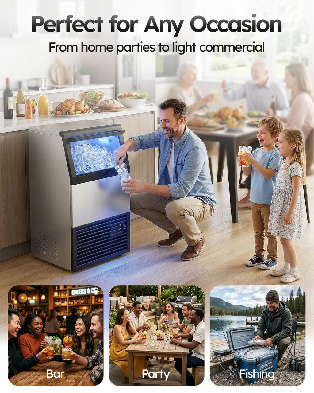 Commercial Ice Maker Machine, 100lbs/24H with 33lbs Ice Storage Under Counter Ice Machine, Stainless Steel Built-in Freestanding Ice Maker Self-Cleaning for Home Bar